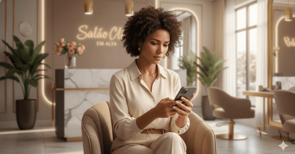 Dona de salão preocupada olhando o mapa no celular sem encontrar o próprio salão