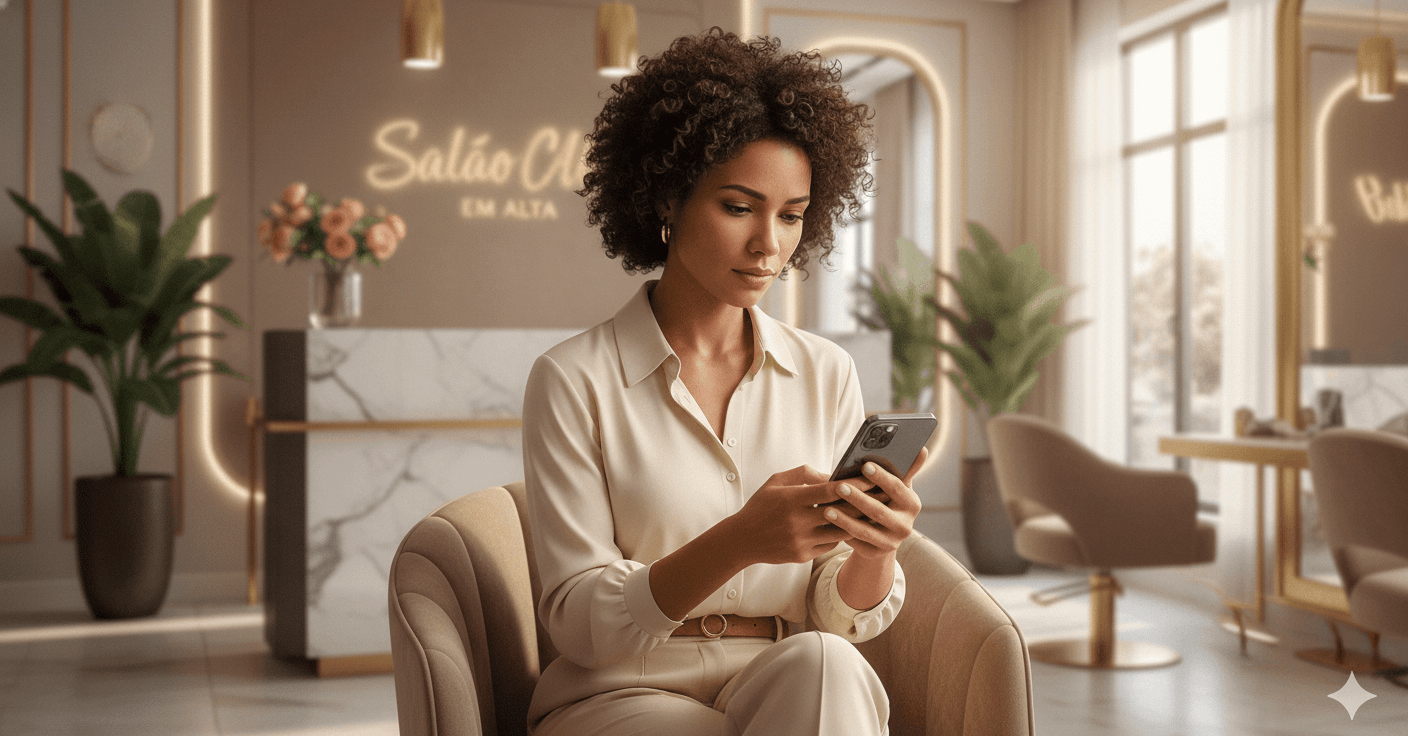 Dona de salão preocupada olhando o mapa no celular sem encontrar o próprio salão