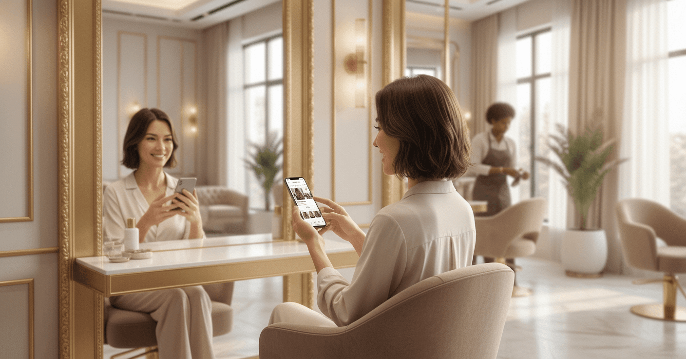 Cliente satisfeita avaliando o salão de beleza com cinco estrelas no celular