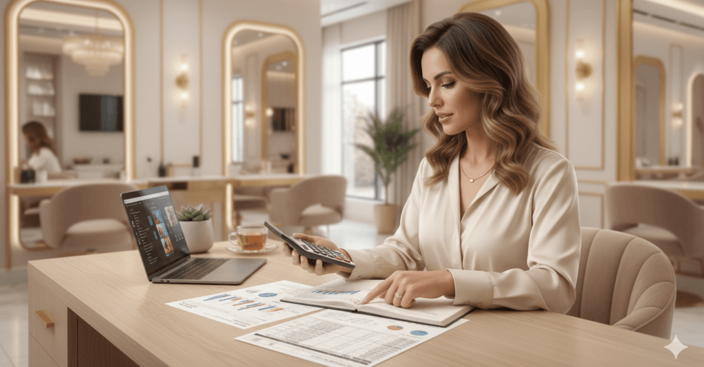 Dona de salão calculando o ponto de equilíbrio financeiro com calculadora e planilhas