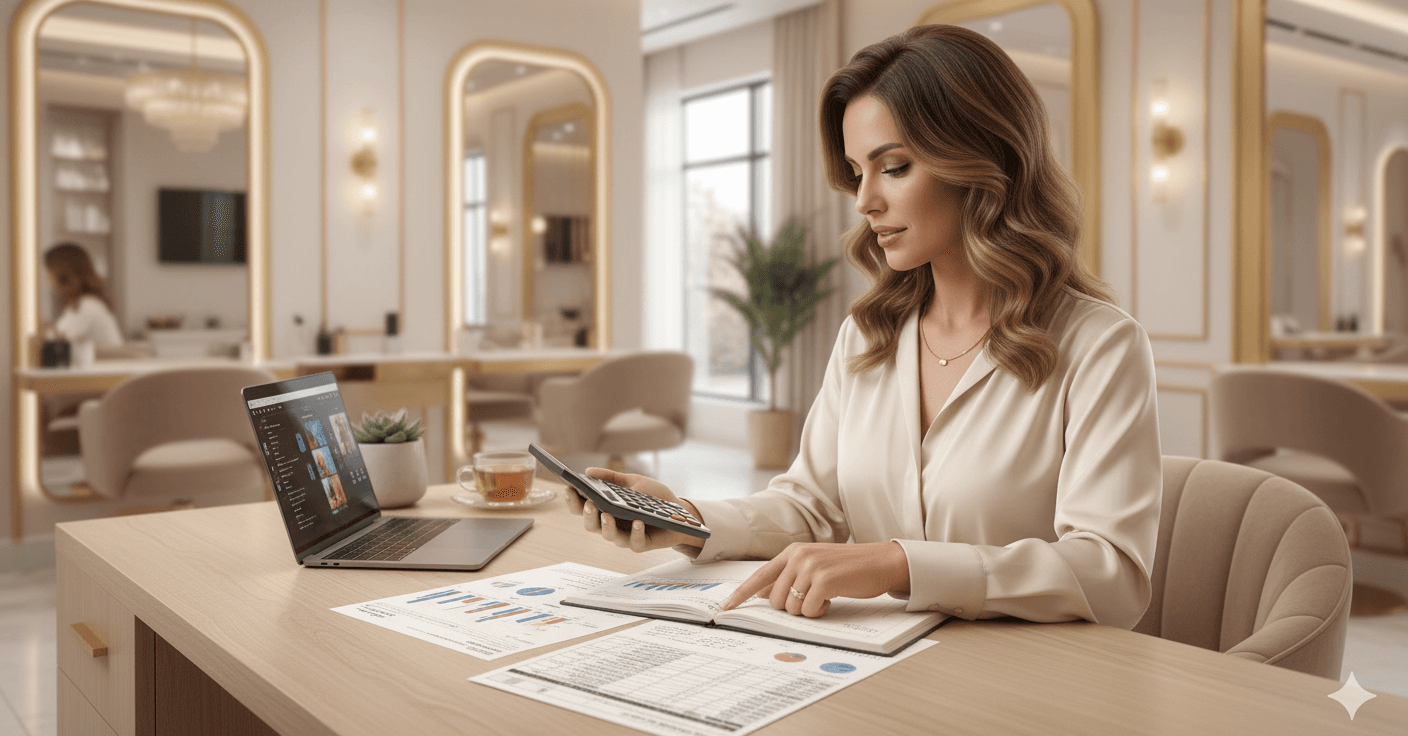 Dona de salão calculando o ponto de equilíbrio financeiro com calculadora e planilhas