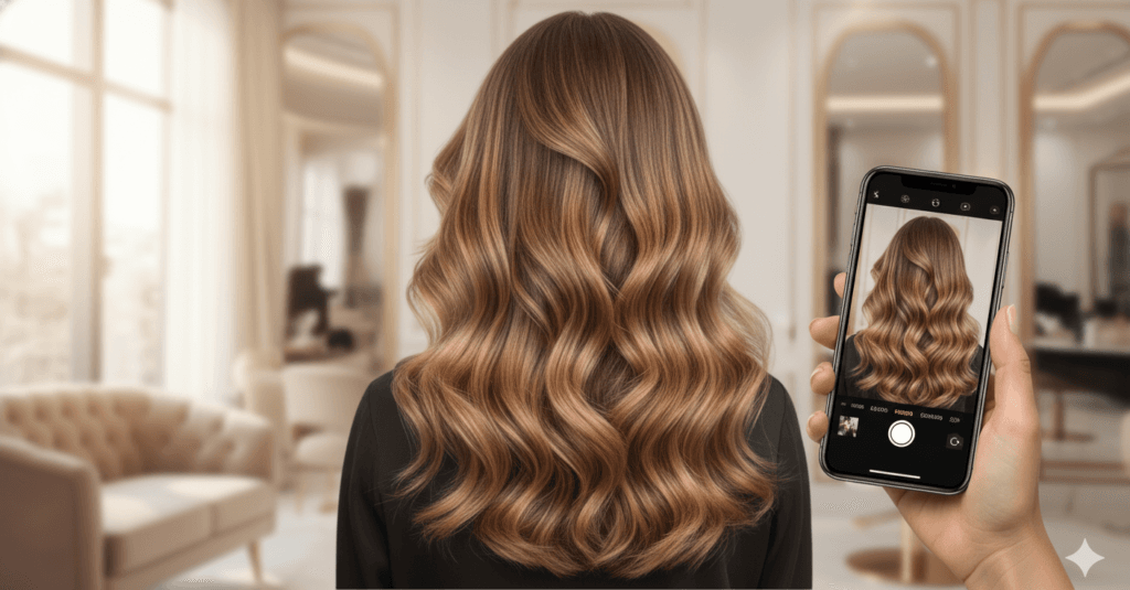 Mão fotografando com o celular um penteado finalizado sob luz natural no salão
