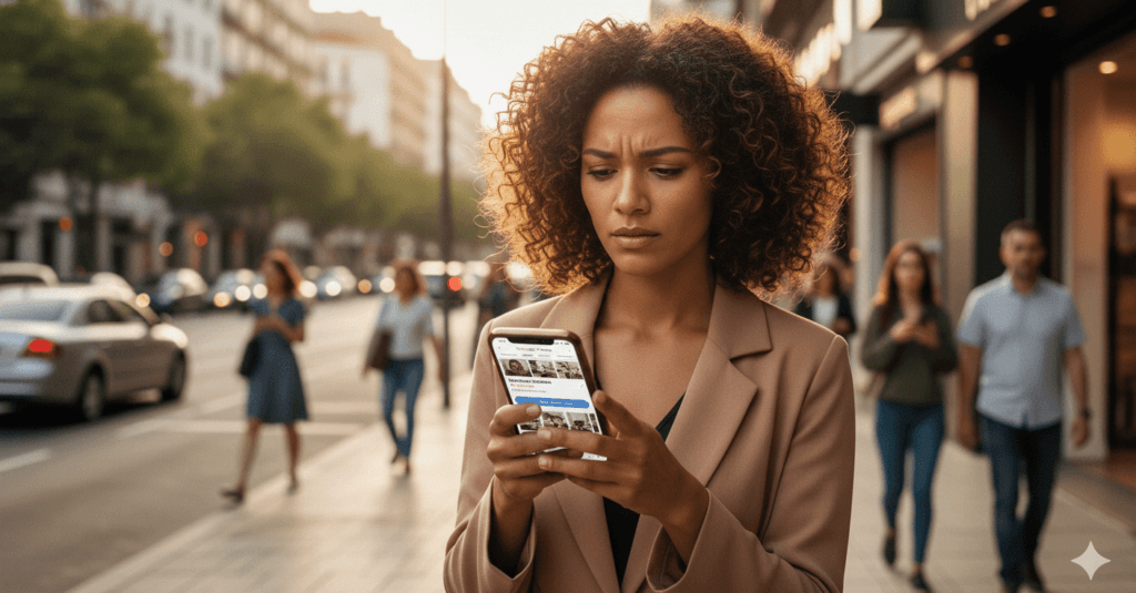 Mulher na rua escolhendo um salão de beleza pelo celular antes de agendar