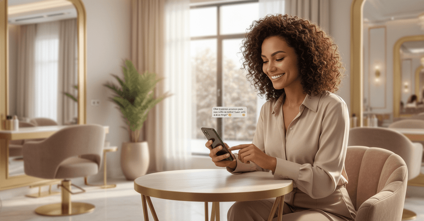 Dona de salão enviando uma mensagem de follow-up amigável para uma cliente pelo celular