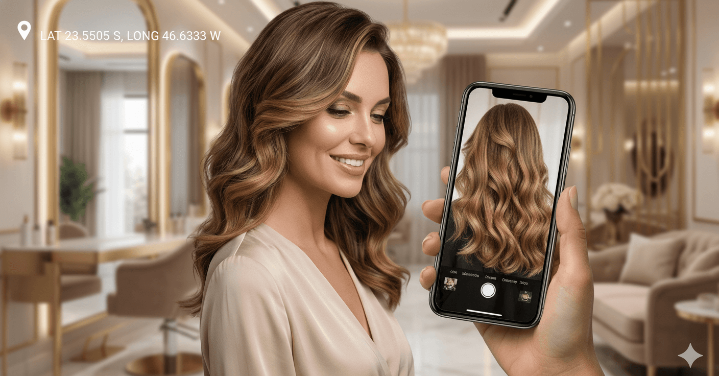 Smartphone fotografando um penteado em salão com marcador de localização GPS sobreposto