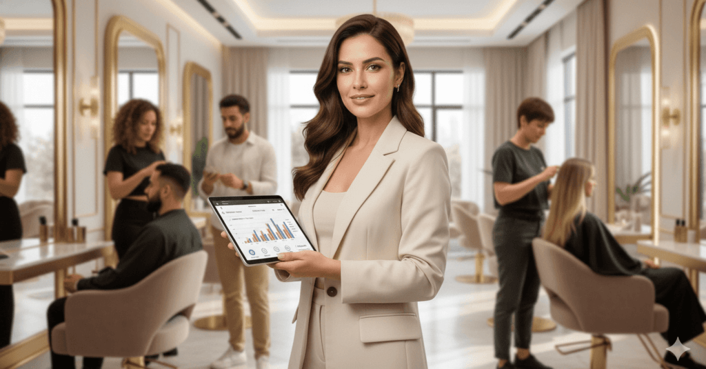 Dona de salão de beleza analisando relatórios de gestão em um tablet dentro do salão
