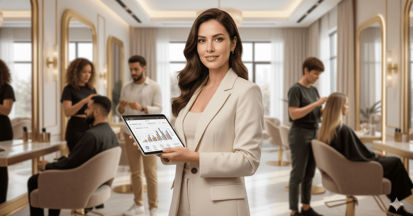 Dona de salão de beleza analisando relatórios de gestão em um tablet dentro do salão
