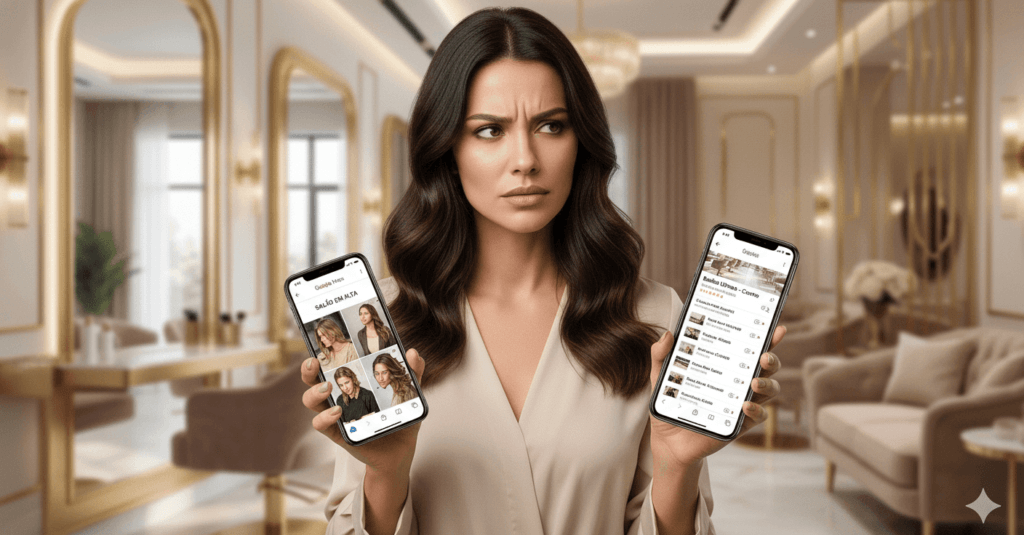 Dona de salão comparando rede social e busca no mapa em dois celulares
