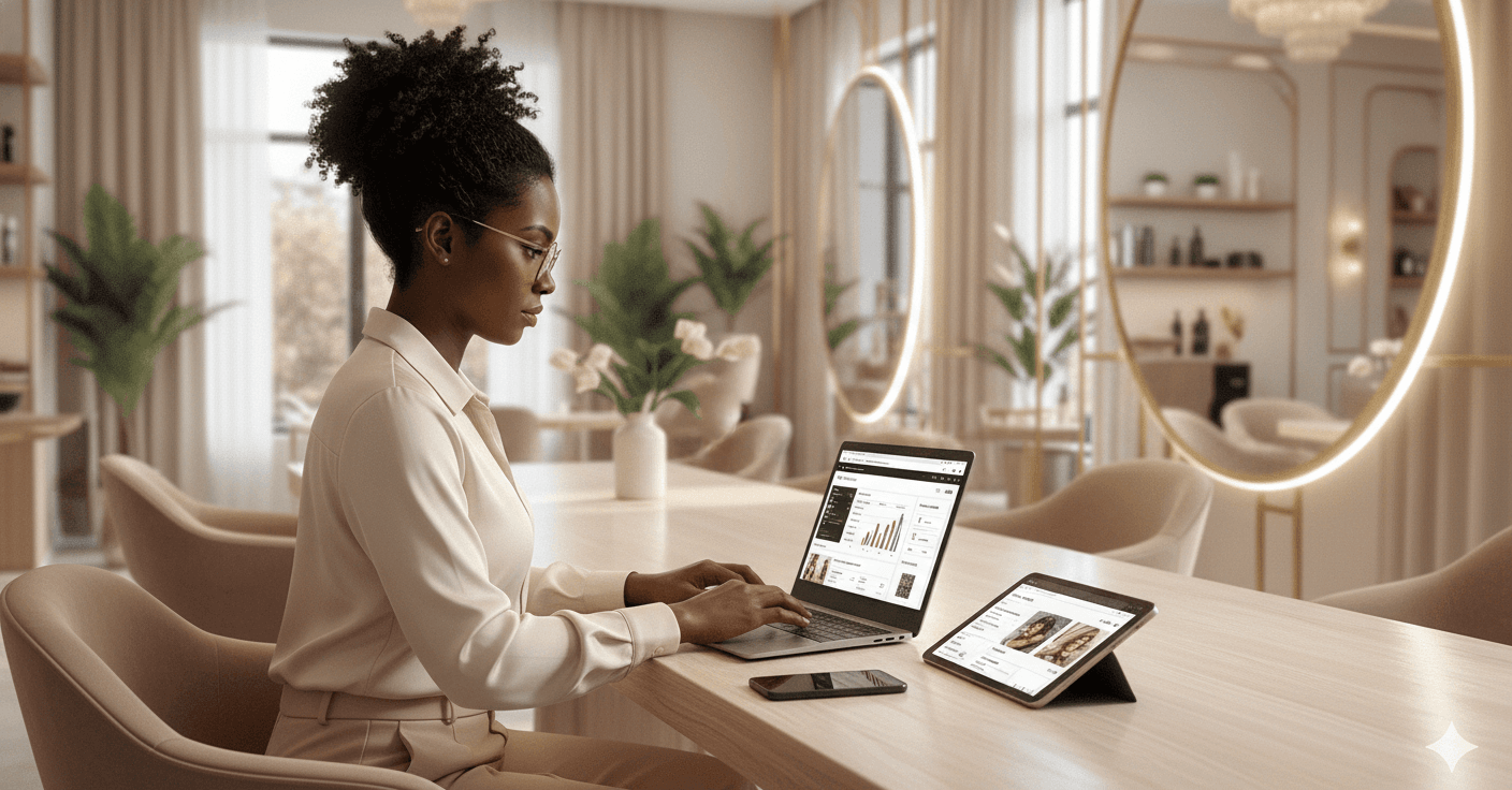 Dona de salão criando uma campanha de Meta Ads no notebook dentro do salão