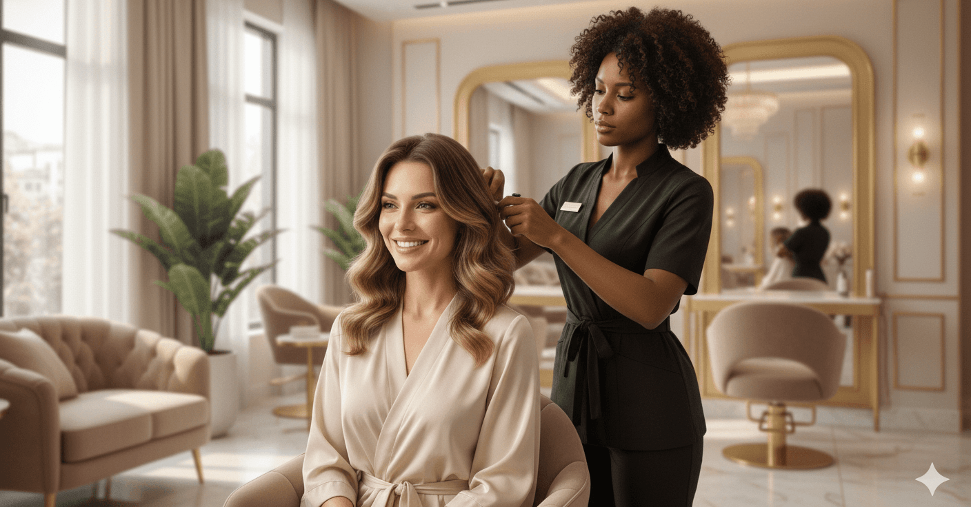Cliente elegante recebendo atendimento premium em um salão de beleza sofisticado