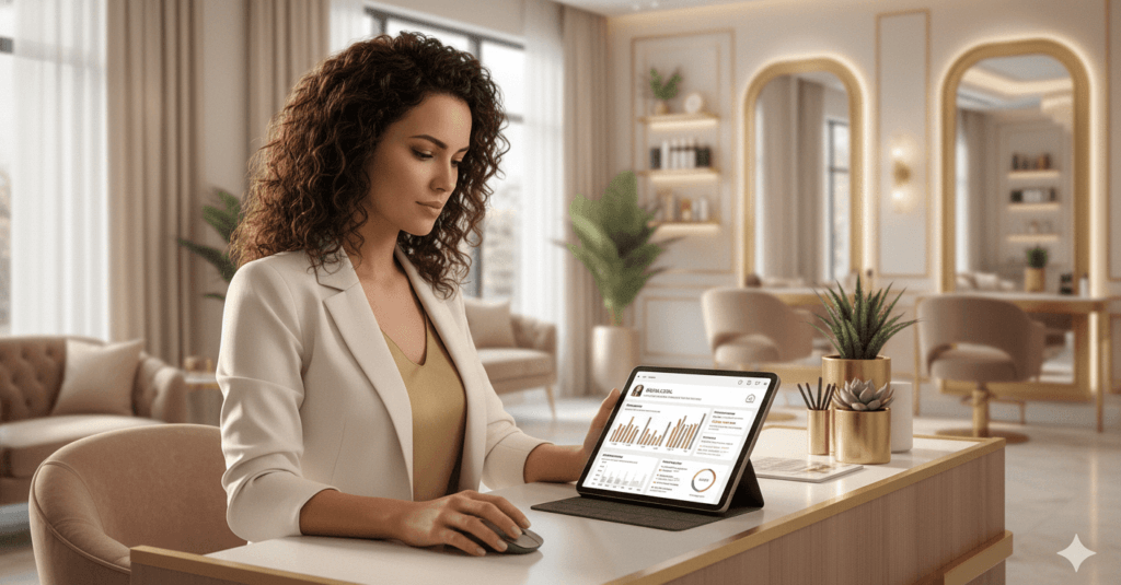 Dona de salão analisando métricas de busca local em um tablet na recepção