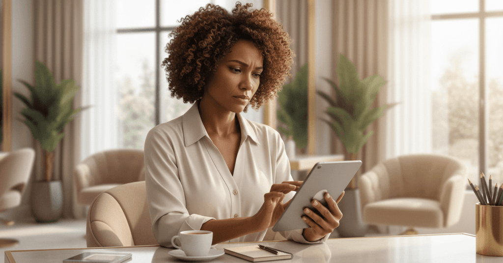 Dona de salão revisando uma lista de verificação em tablet antes de anunciar