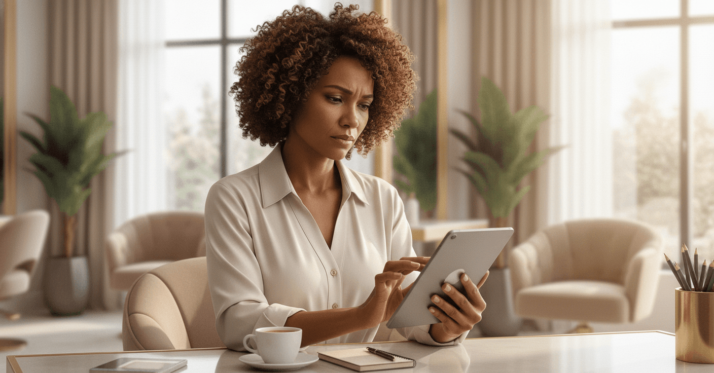 Dona de salão revisando uma lista de verificação em tablet antes de anunciar