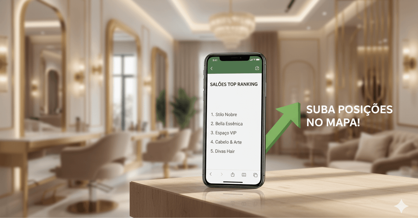 Smartphone com lista classificada de salões e seta de crescimento no Google Maps