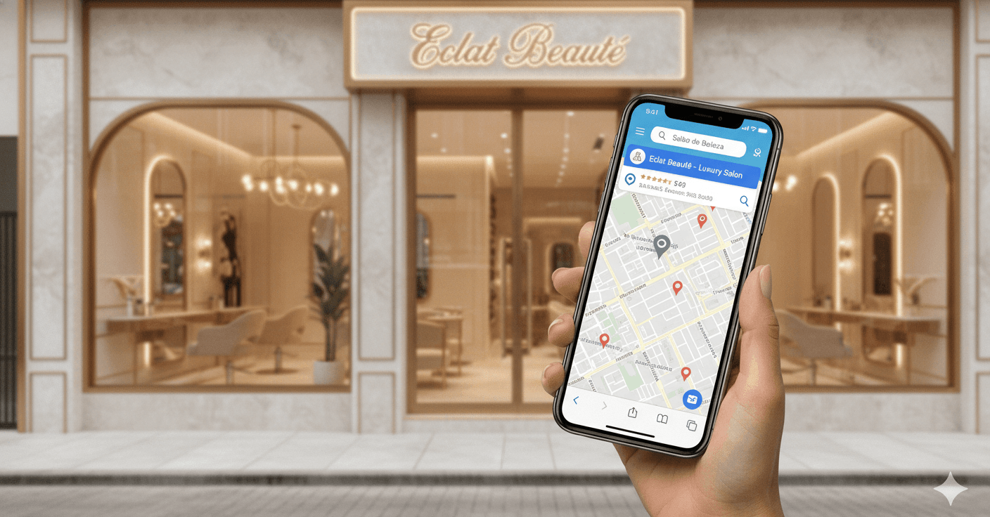 Smartphone mostrando busca de salões de beleza no mapa em frente à fachada de um salão