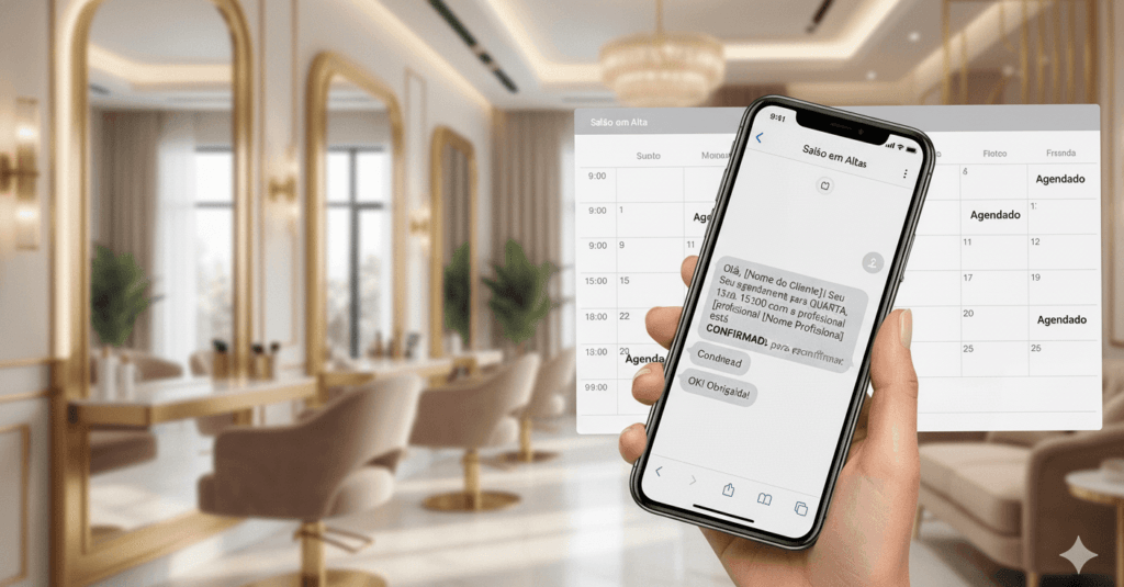 Smartphone mostrando mensagem de confirmação de agendamento de salão de beleza