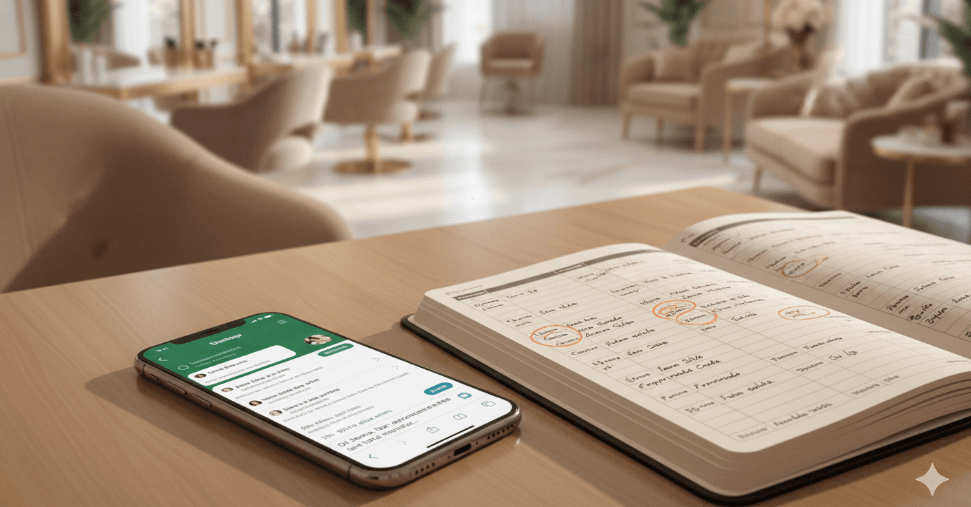Tela de celular com WhatsApp mostrando mensagem de reativação sendo digitada para cliente sumida há 90+ dias, ao lado de agenda com clientes marcados